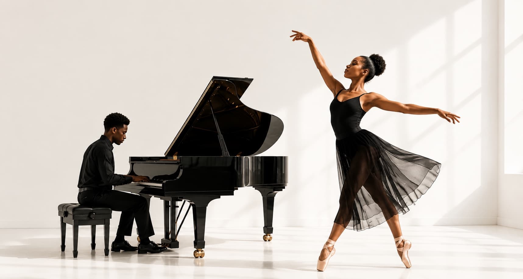 A pianist and a ballet dancer performing in a studio